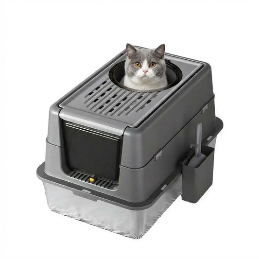 2-in-1 Stainless Steel Cat Litter Box, Large Semi-Enclosed Cat Litter Tray with Top Exit, Front Door, Air Vents, Detachable Inner Buckle, Cat Litter Scoop Included