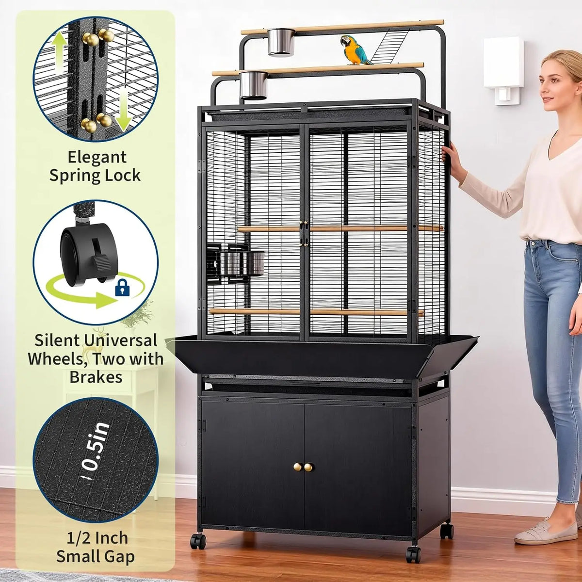 HiMISS Metal Bird Cage with Rolling Corner Stand and Playtop