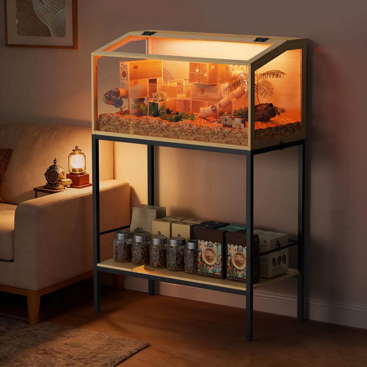 Bingopaw Wooden Hamster Cage With Tempered Glass And Led Light