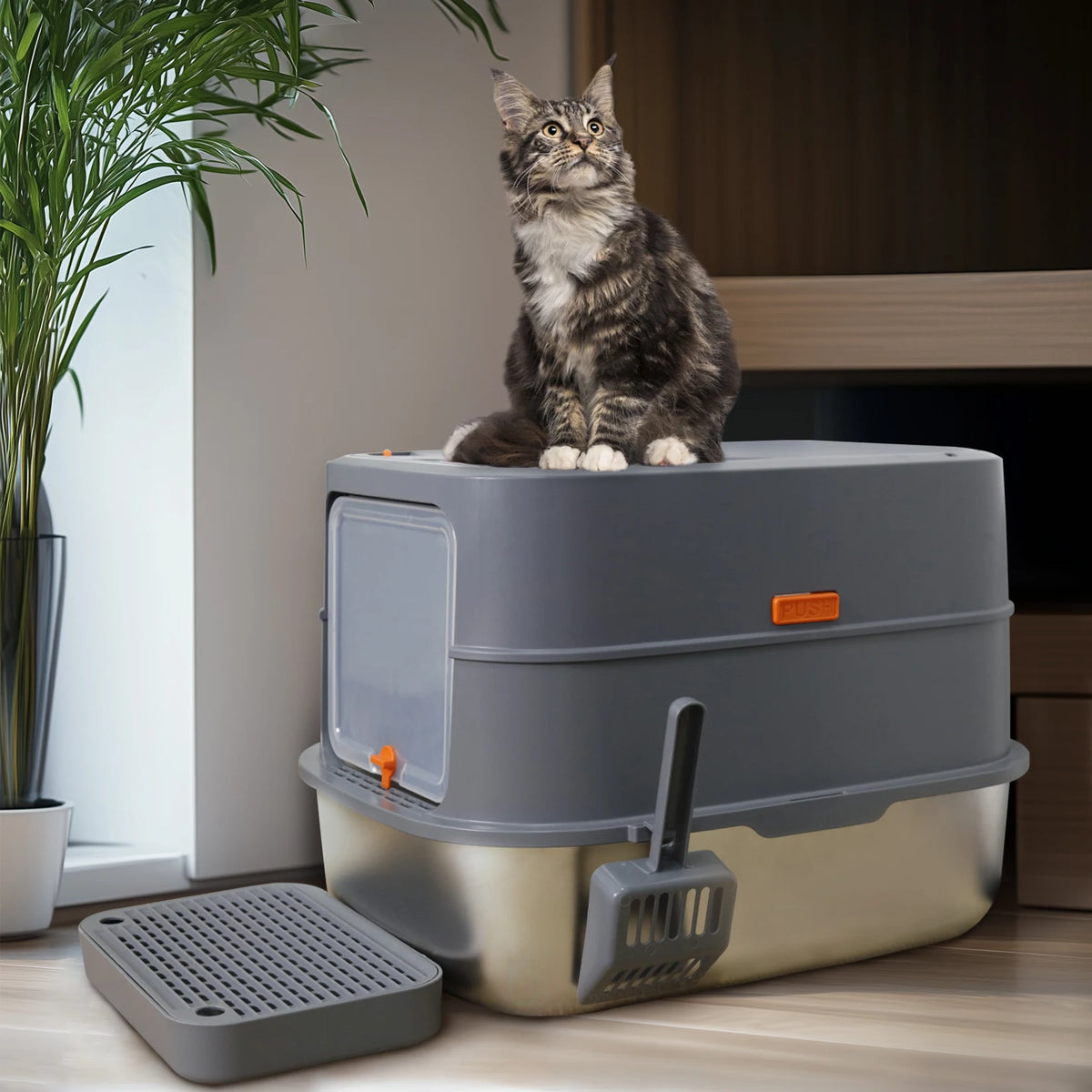 Stainless Steel Enclosed Cat Litter Box With High Sides Scoop
