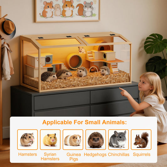 Chew Proof Wooden Hamster Cage With Tempered Glass Panels