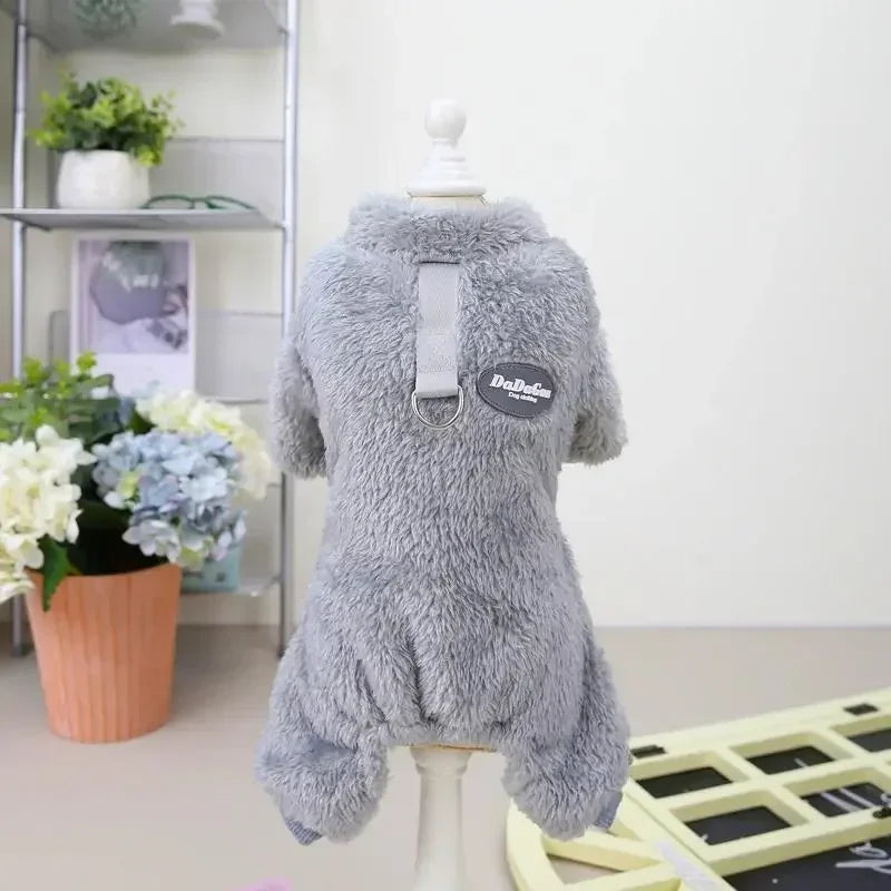 Warming Solid S-XXL Small Dog Fleece Jumpsuit with Pull Ring - Autumn Winter Pet Coat, 1-Piece Puppy Apparel