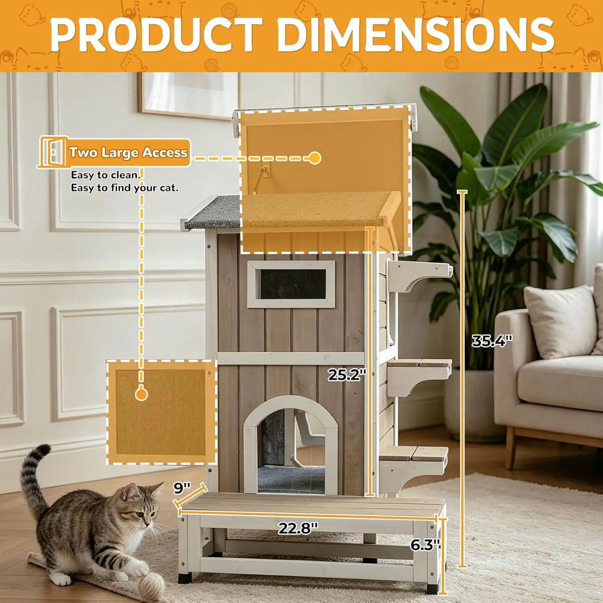 Weatherproof Wooden Outdoor Cat House for Feral Cats with Insulated Lining, Multiple Cat Shelter with Open Roof, 4 Escape Doors and Balcony Feeding Station