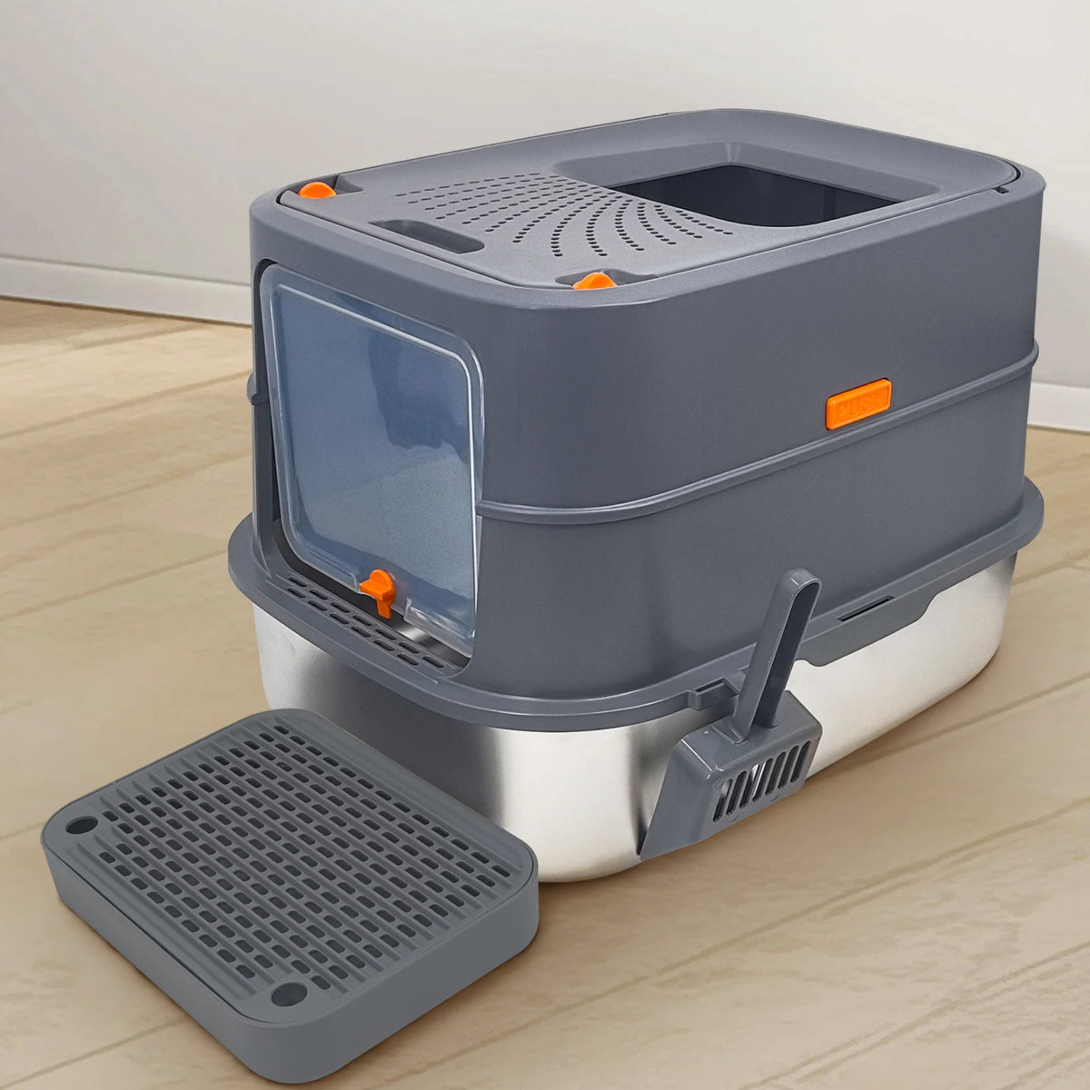 Stainless Steel Enclosed Cat Litter Box With High Sides Scoop