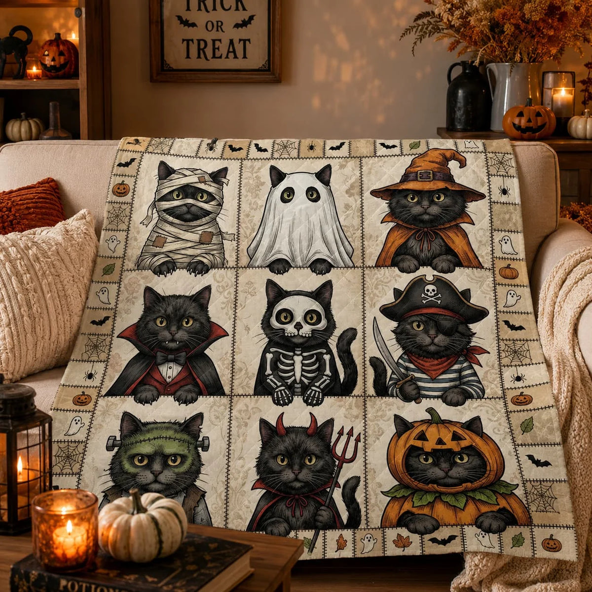 Premium Polyester Black Cat Halloween Quilt Blanket