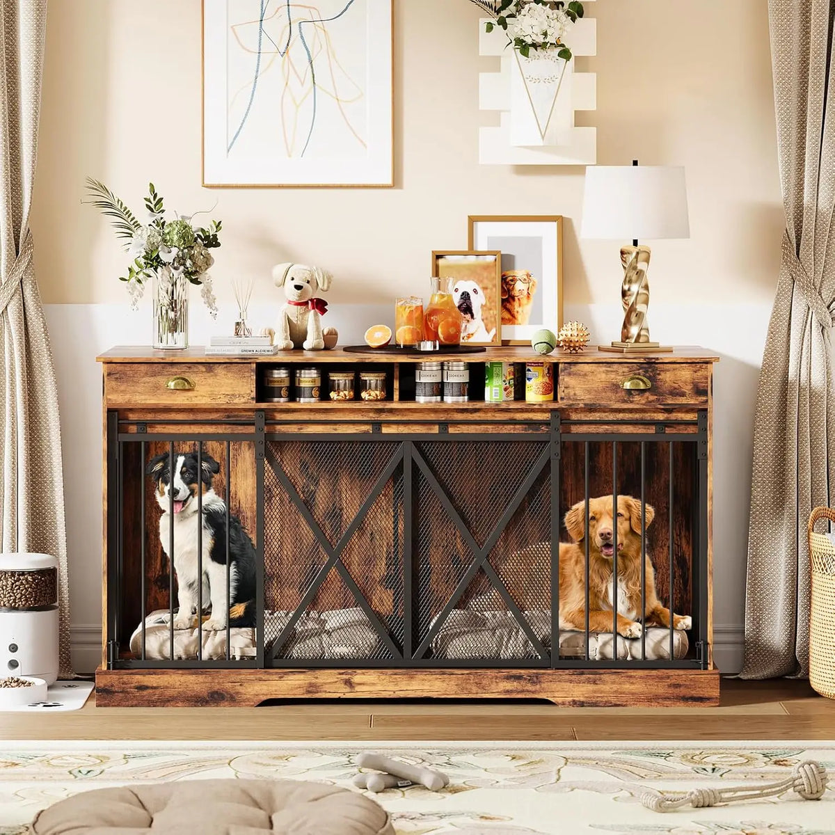 Decorative Double Dog Crate With Divider And Storage Drawers