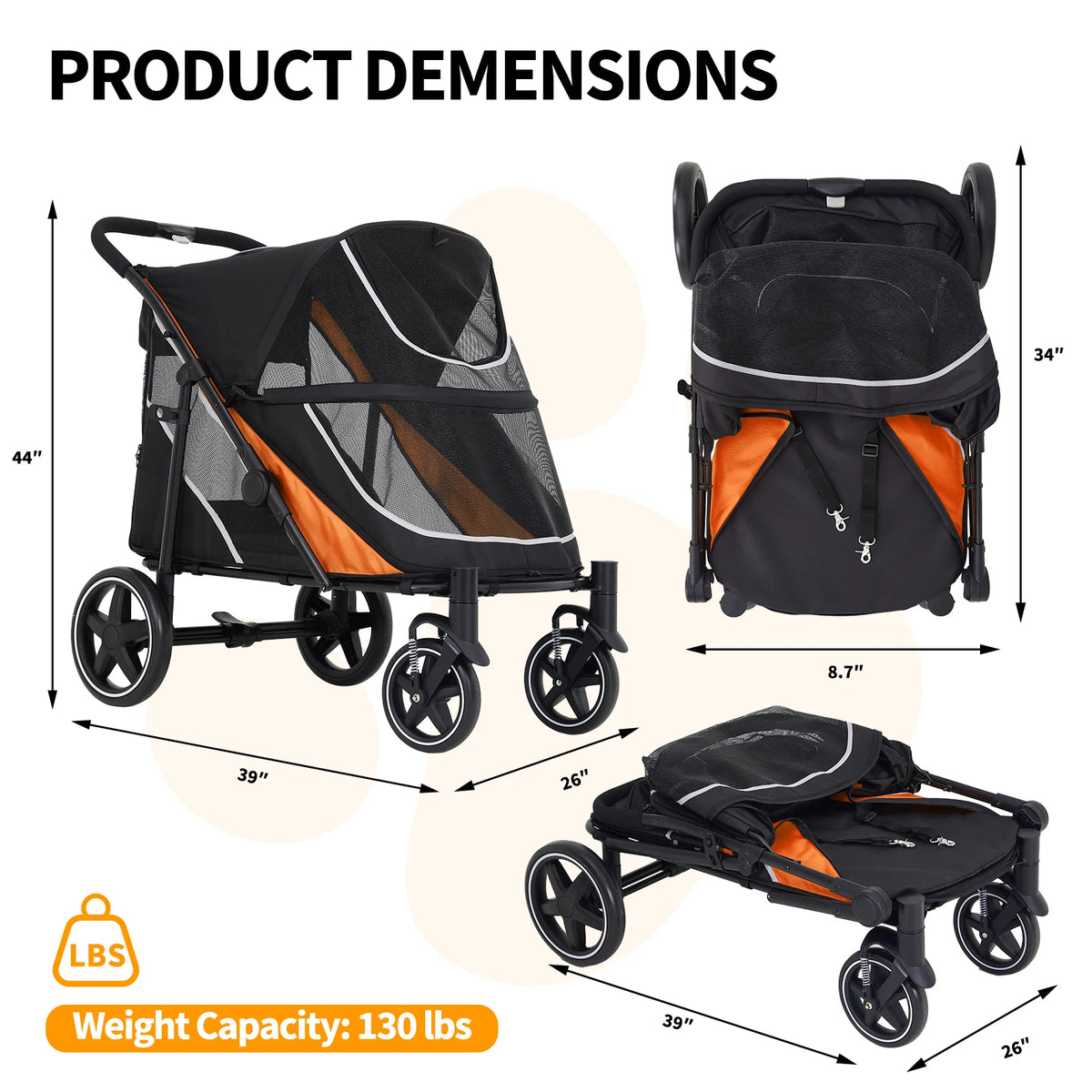 HiMiss Foldable All Terrain Pet Stroller With Washable Liner