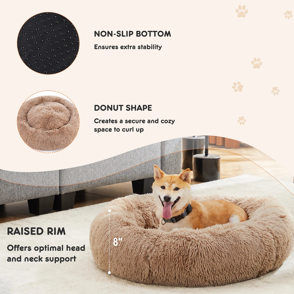 JHK Round Faux Fur Calming Dog Bed Promotes Relaxation