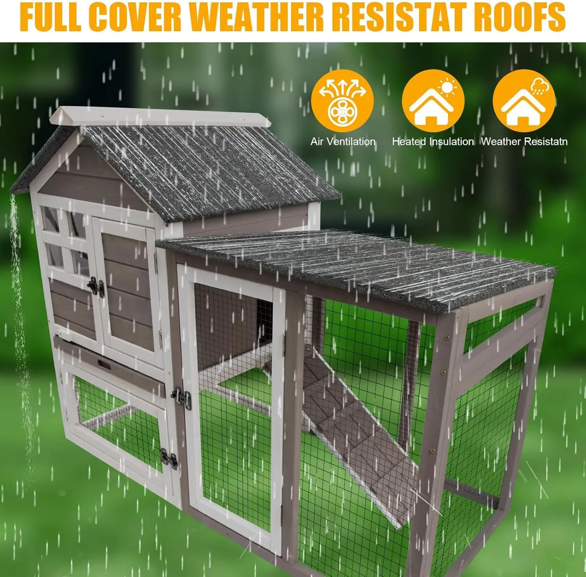Large Rabbit Hutch Outdoor Indoor with Pull Out Tray Wooden Bunny Hutch, Guinea Pig Cage Chicken Coop with Run, Removable Tray, Asphalt Roof, Lockable Doors and Ramp