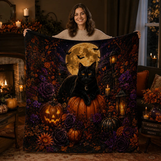 Cat Halloween Fleece Throw Blanket with Gothic Floral Pumpkins Print