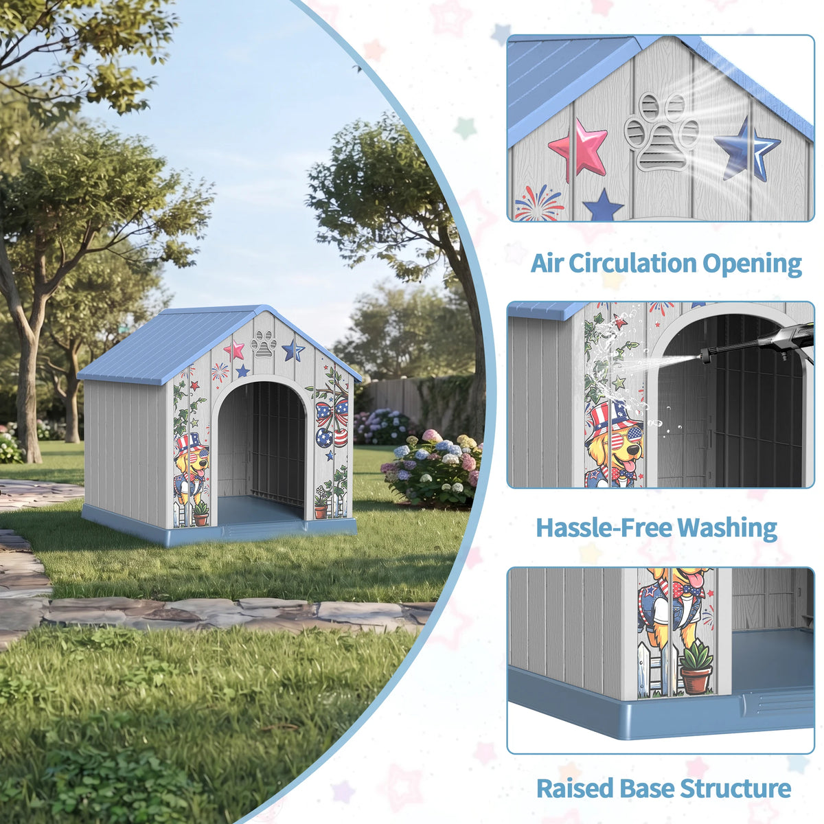 Weatherproof Outdoor Plastic Dog House With Printed Pattern Door