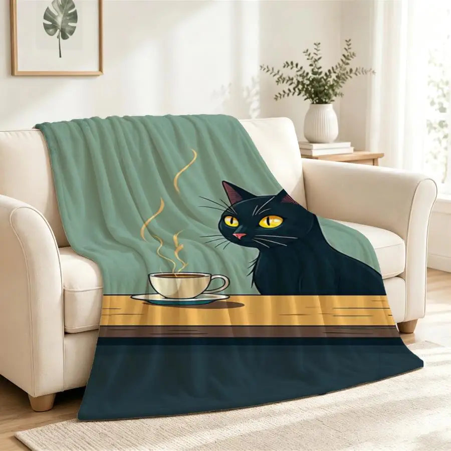 Cozy Black Cat Coffee Flannel Throw Blanket For Everyday Use