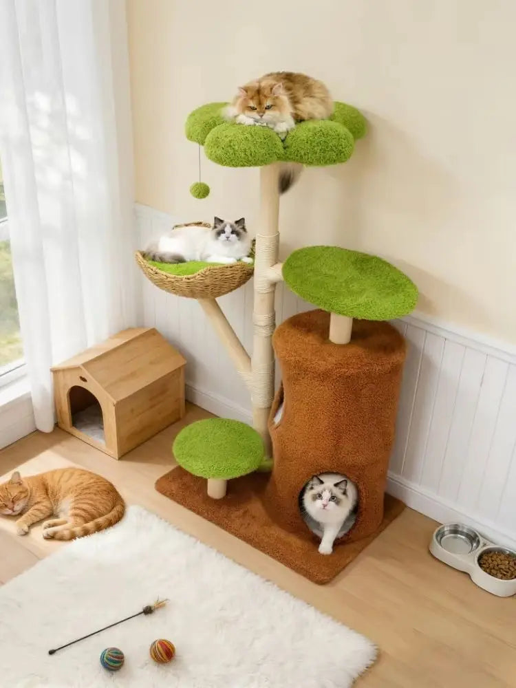 BORWART Wooden Cat Tree Tower With Scratching Post And Condo House