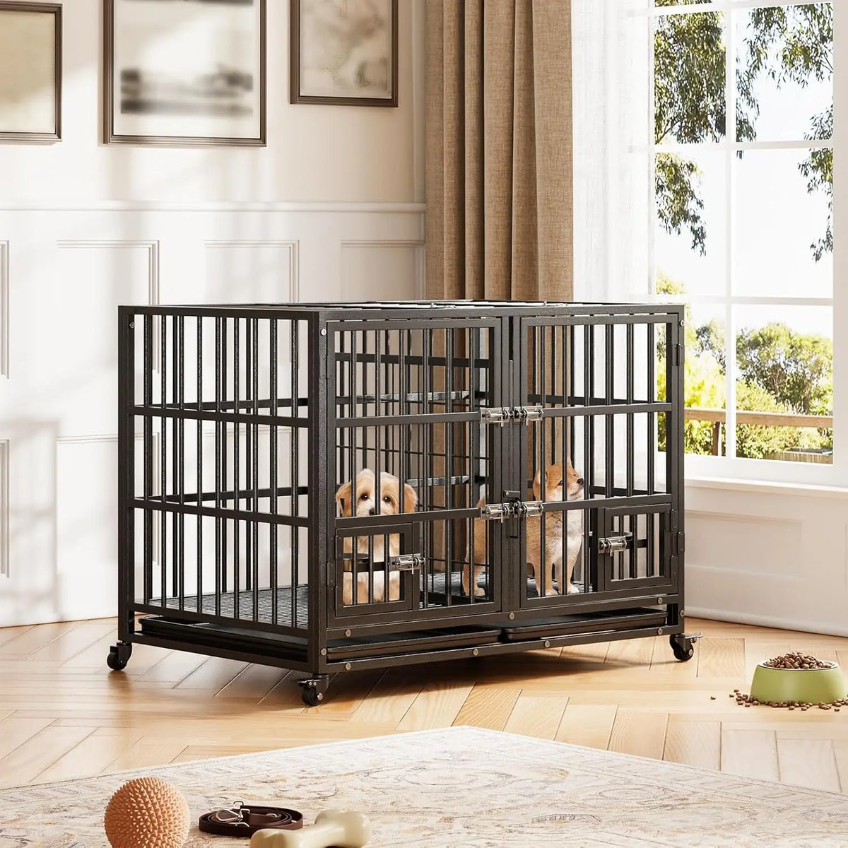 Garvee Heavy Duty Dog Crate With Lockable Wheels And Tray