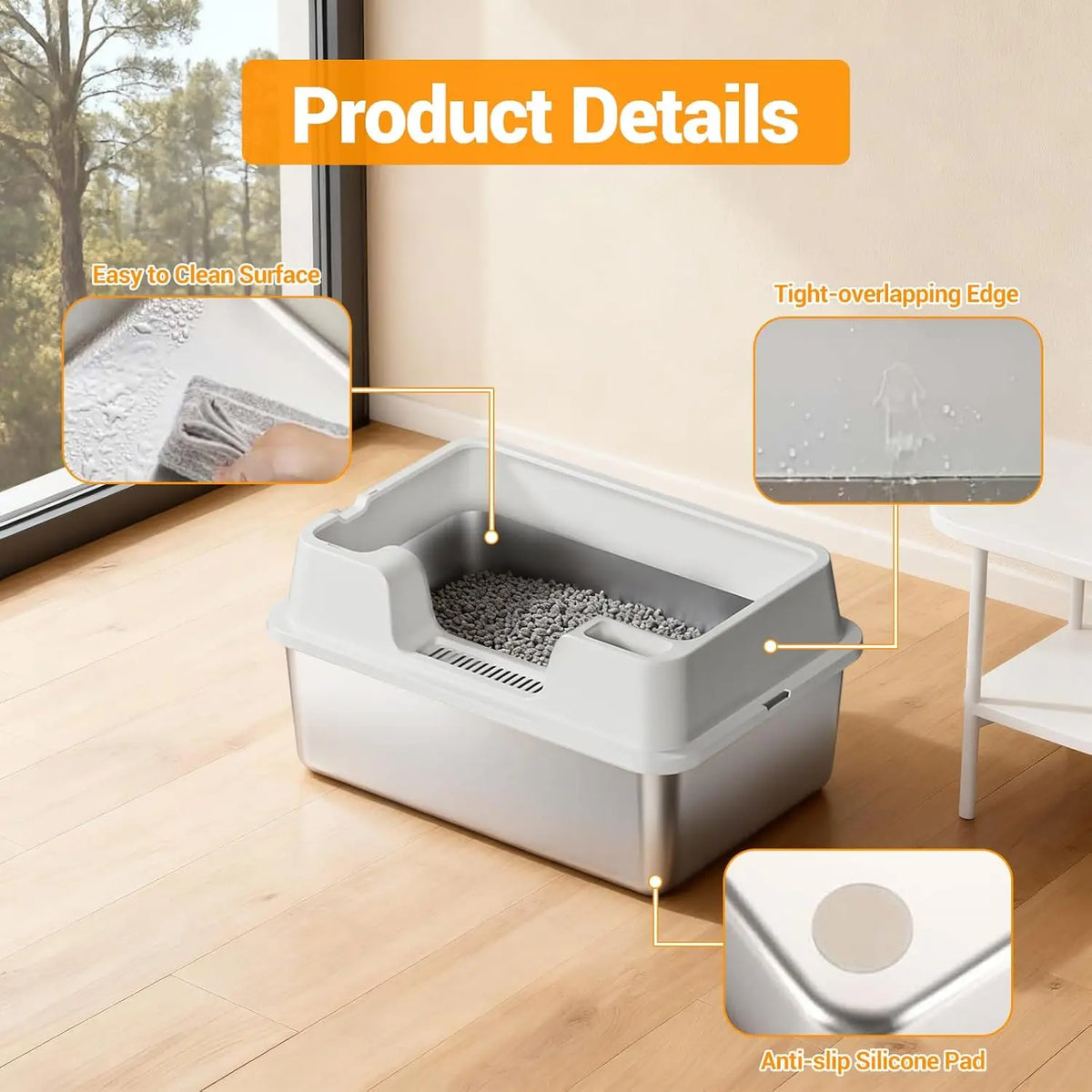 Extra Large Enclosed Stainless Steel Cat Litter Box,Metal Litter Pan High Wall Sides & Non-Stick Bottom Easy to Clean for Cats