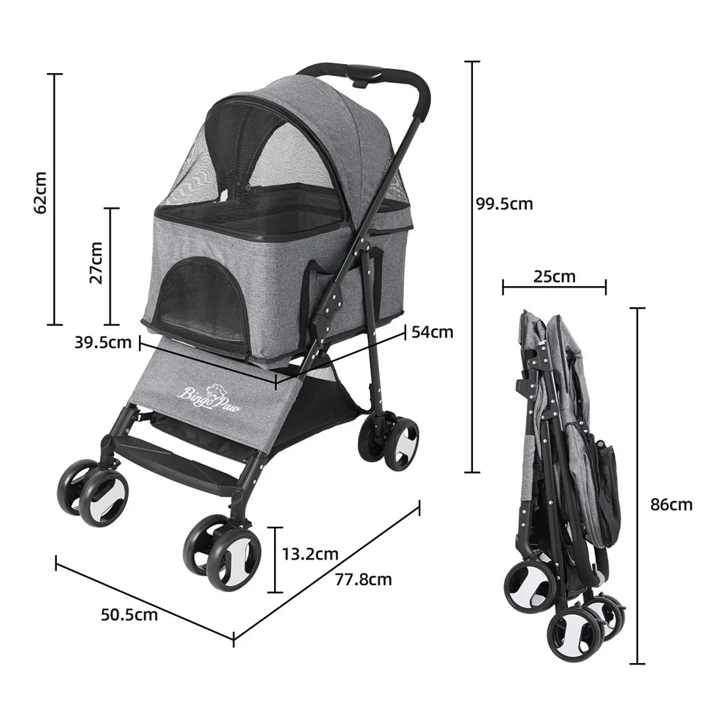 Foldable Four Wheel Pet Stroller With Rain Cover And Storage Basket