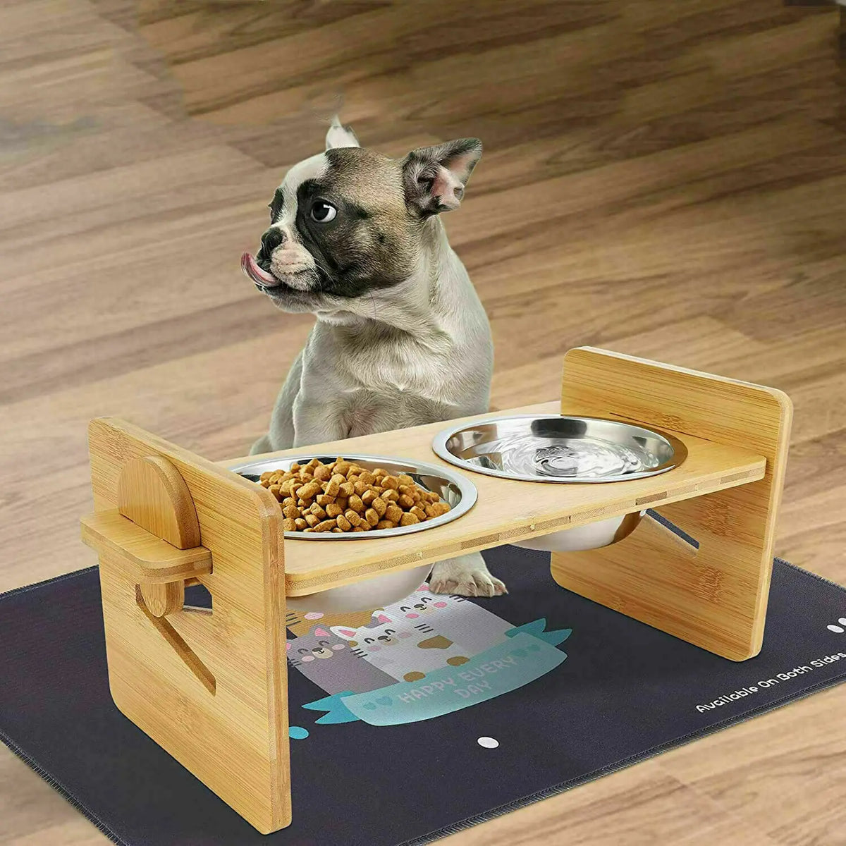 Adjustable Wooden Raised Cat Bowl Stand With Stainless Dish