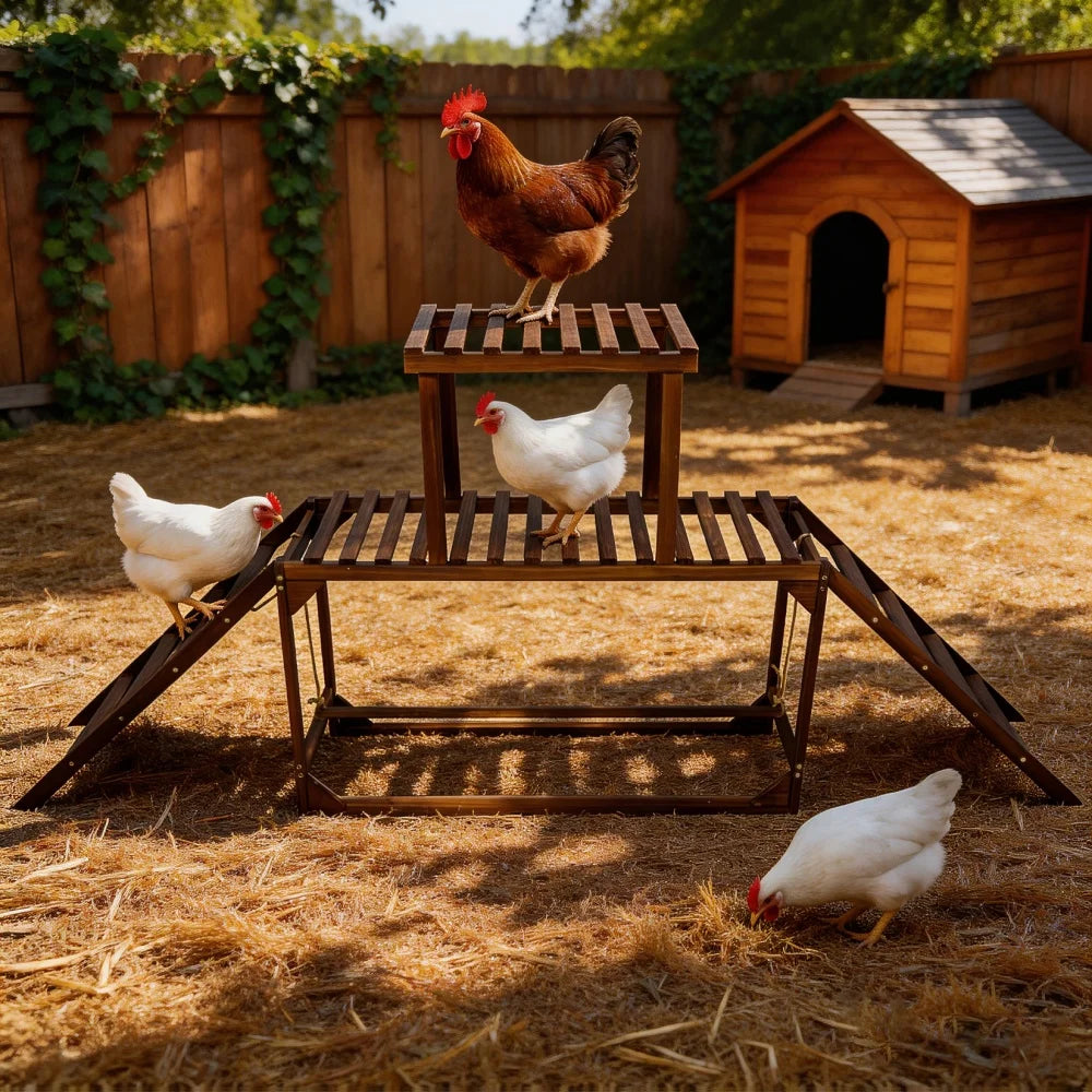 Chicken Coop Toy with Swing Ladder Platform Chicken Run Roosting Bar Hens Activity Play Ladder for Backyard Farm