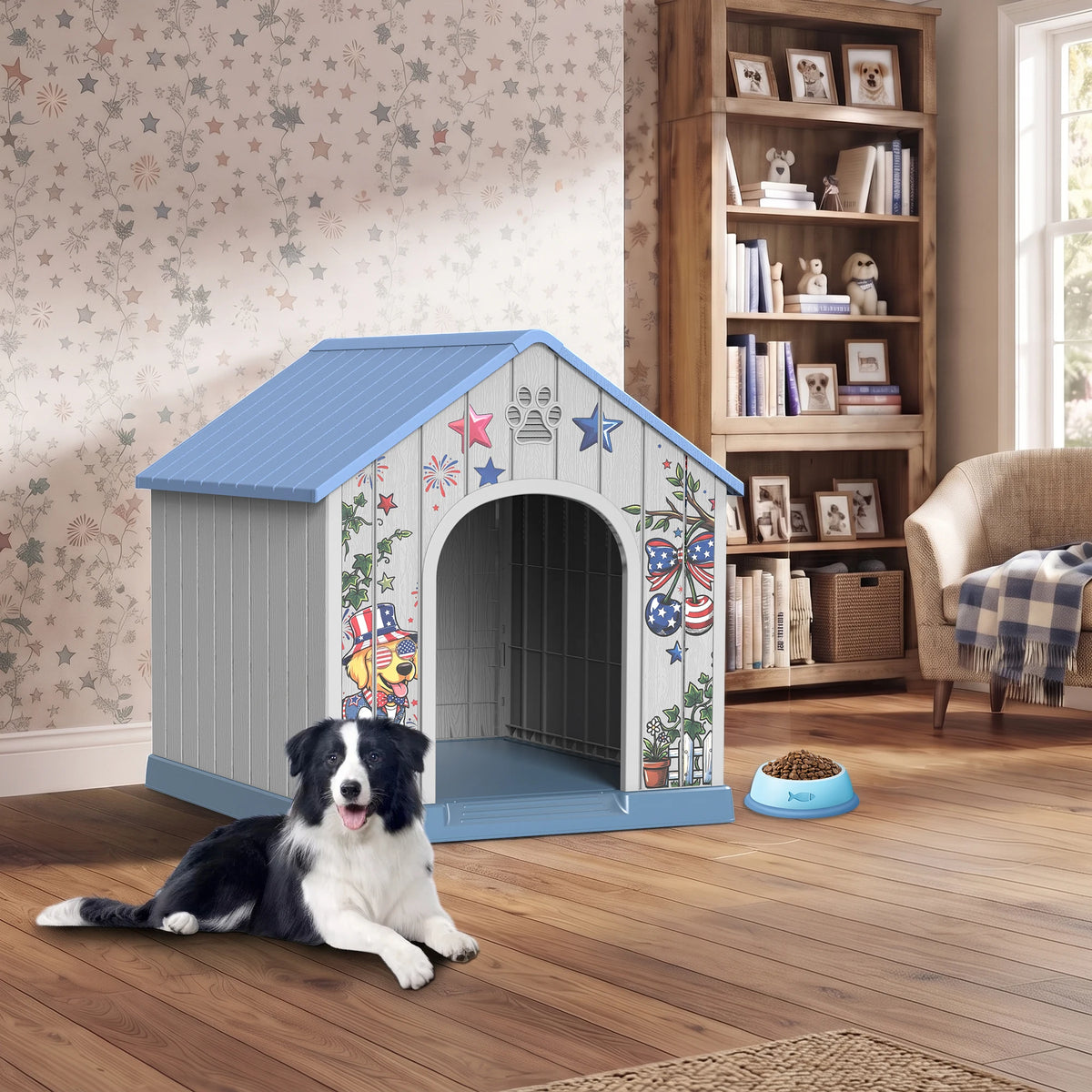 Weatherproof Outdoor Plastic Dog House With Printed Pattern Door