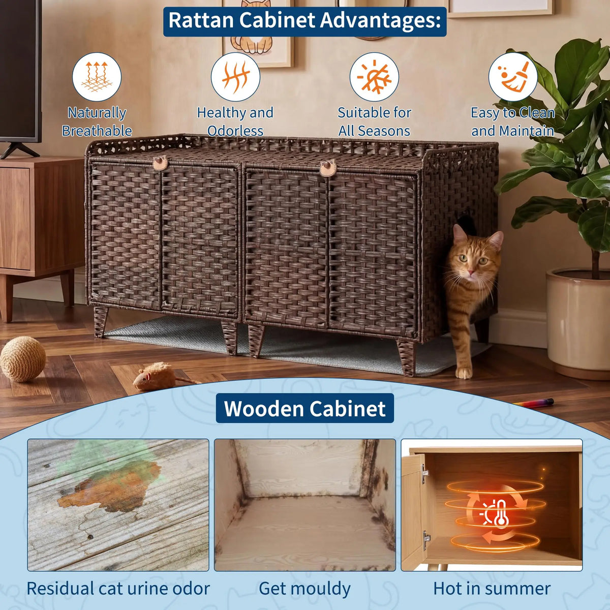 DishyKooker Rattan Hidden Litter Box Enclosure For Two Cats