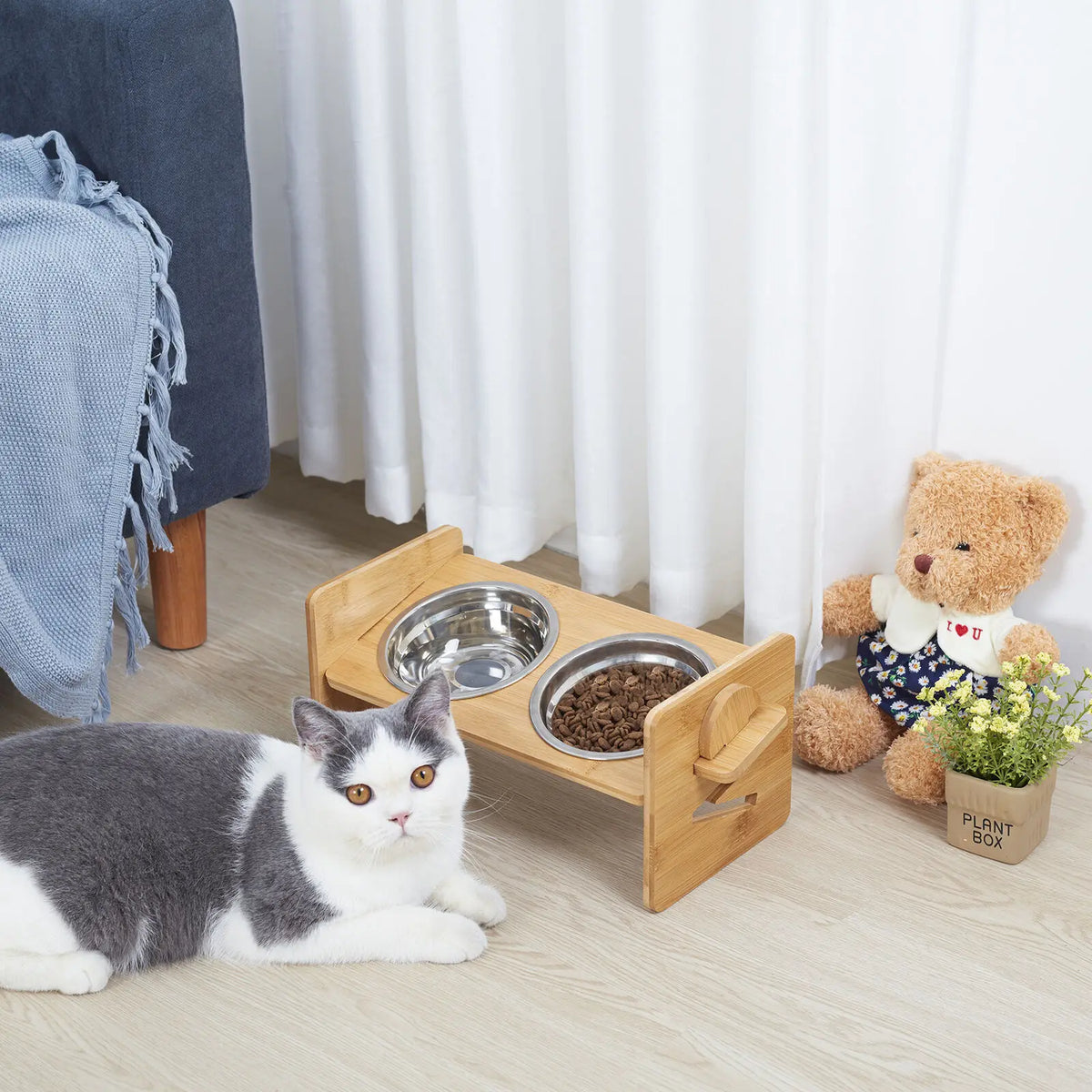Adjustable Wooden Raised Cat Bowl Stand With Stainless Dish