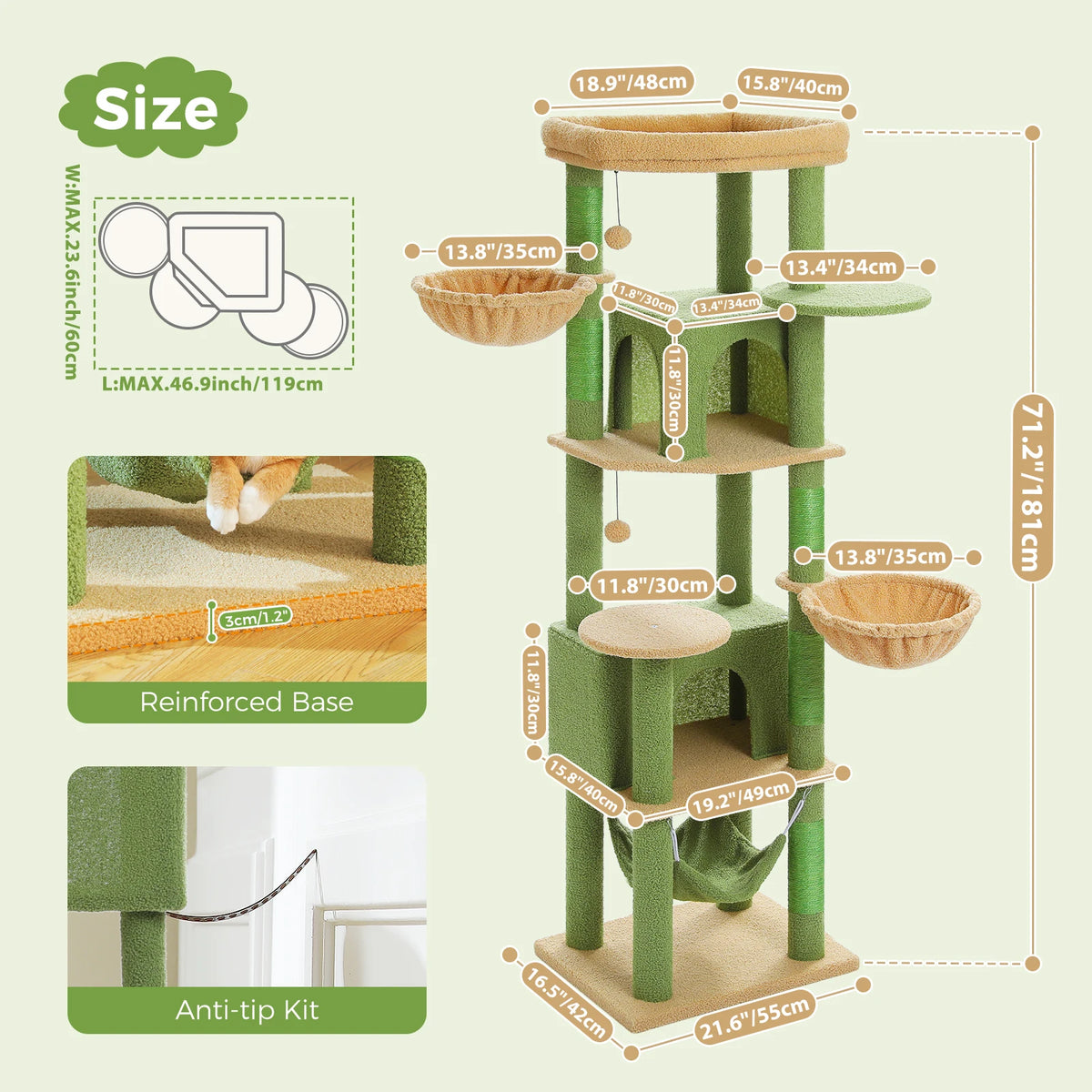 Tall Cat Tree with Scratching Posts Cozy Hammock Top Perch Multi-Level Large Cat Tower Spacious Cat Condo for Indoor Cat Toys