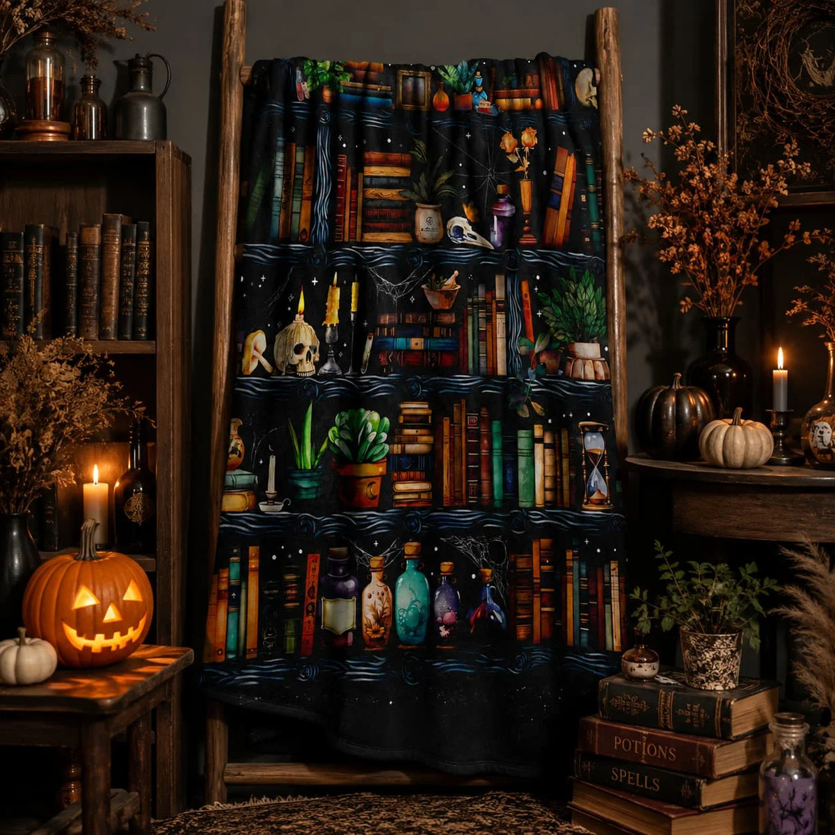 Halloween Book Lover Witch Bookshelf Fleece Throw Blanket Home Decor