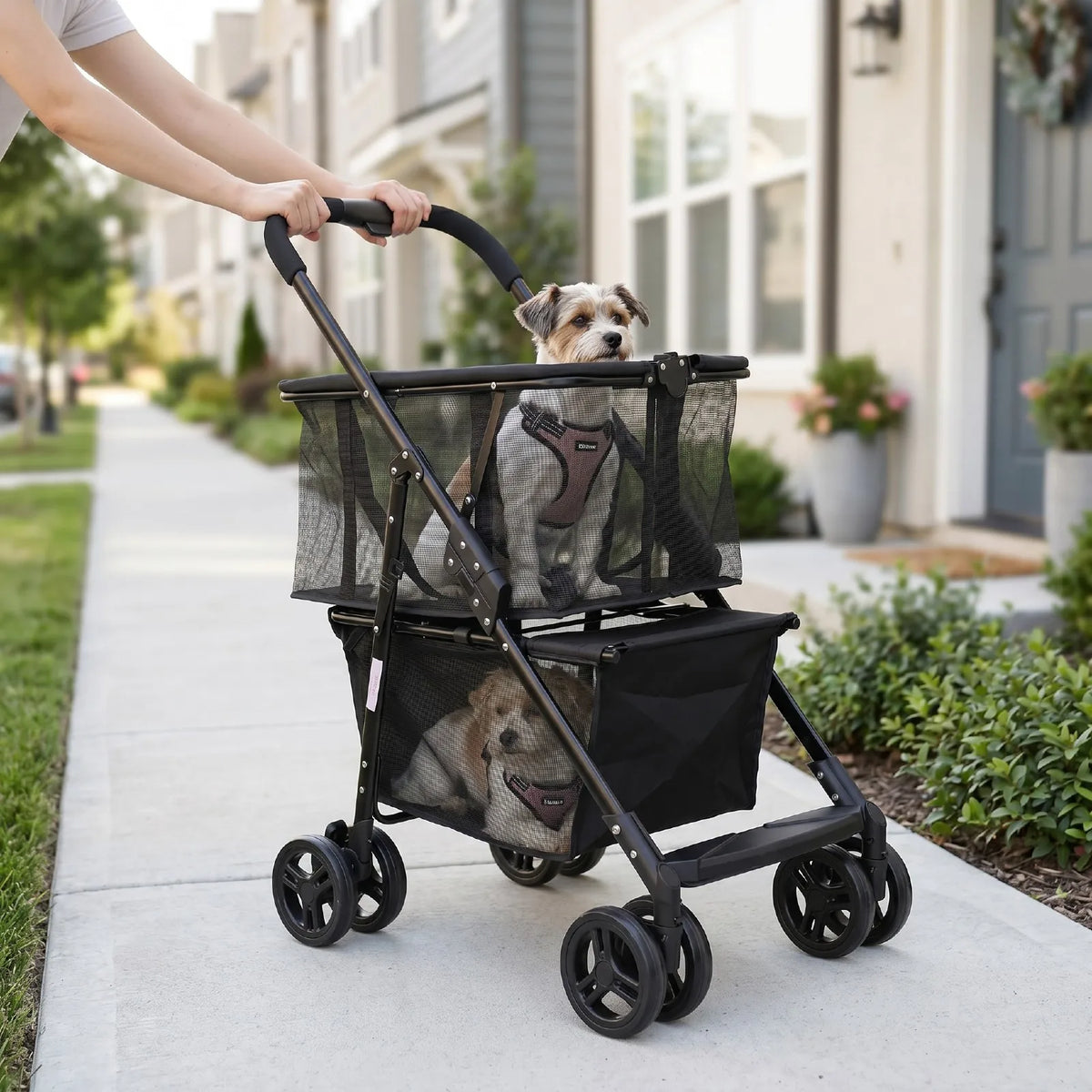 Folding Pet Stroller And Shopping Cart With Detachable Hand Basket
