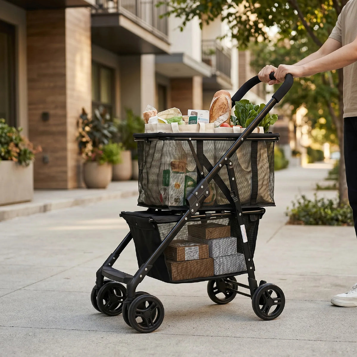 Folding Pet Stroller And Shopping Cart With Detachable Hand Basket