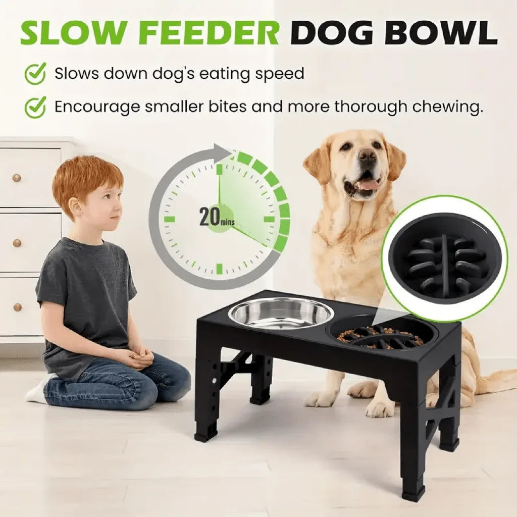 Adjustable Height Elevated Dog Bowl Stand With Stainless Steel Bowls