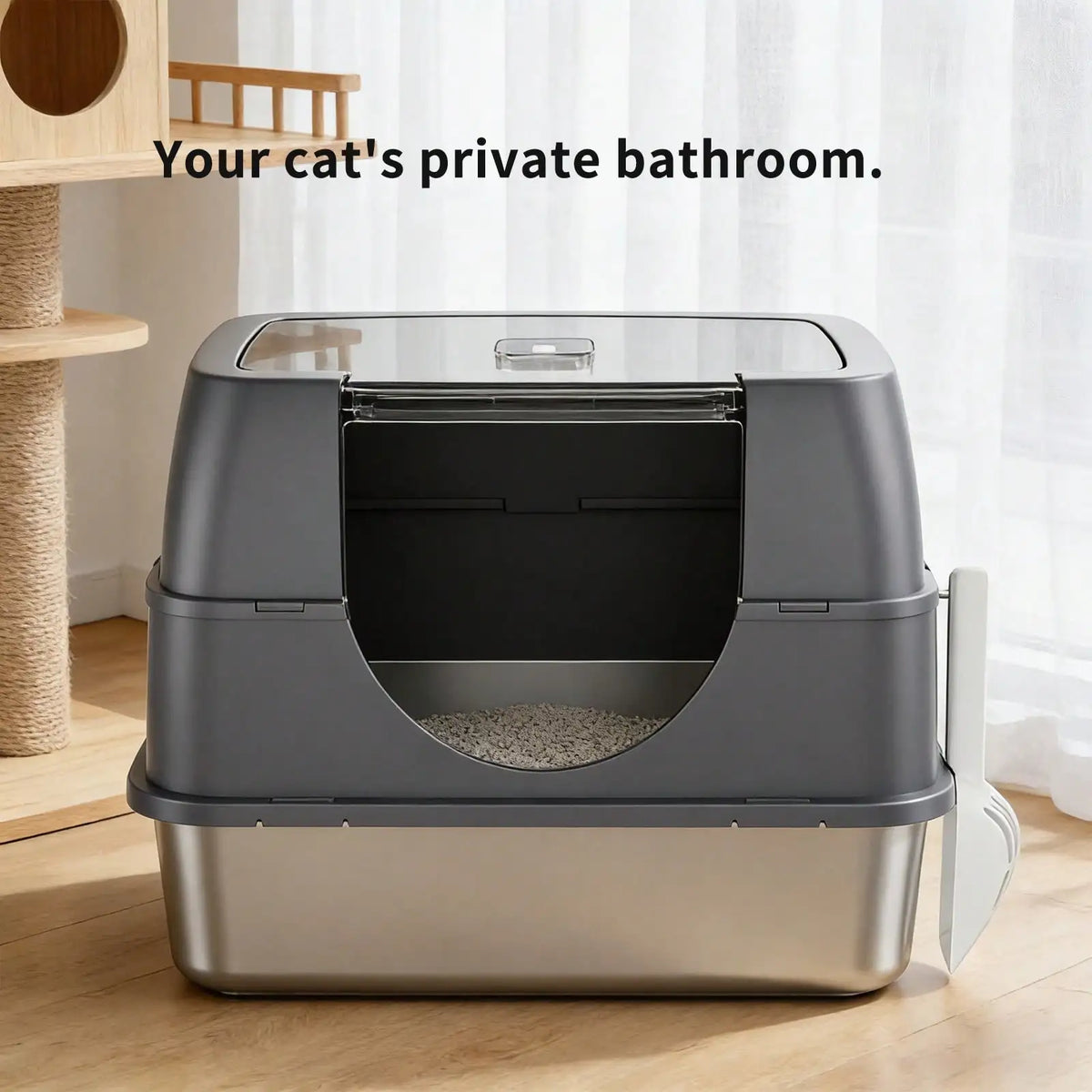 Extra Large Stainless Steel Litter Box With Lid, High Sided Enclosed Metal Cat Litter Pan, Dog Proof Front Entry Top Exit, Odor Control Easy Clean Leak Proof, Includes Mat, Scoop & Step