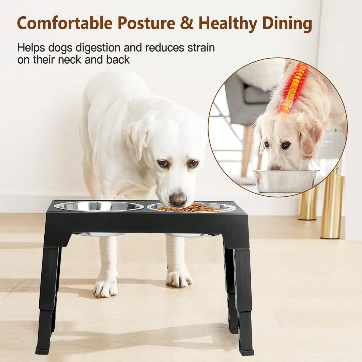 Adjustable Height Elevated Dog Bowl Stand With Stainless Steel Bowls