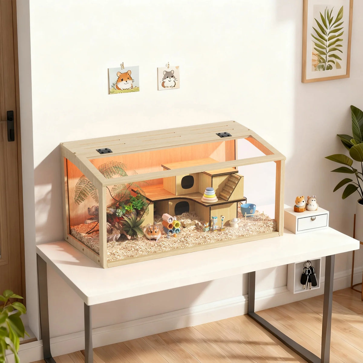 Wooden Hamster Cage LED Lights Tempered Glass Small Pet Habitat