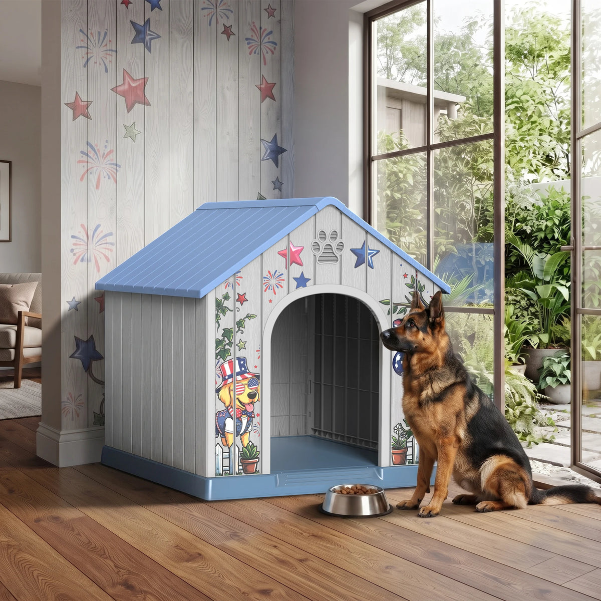 Weatherproof Outdoor Plastic Dog House With Printed Pattern Door