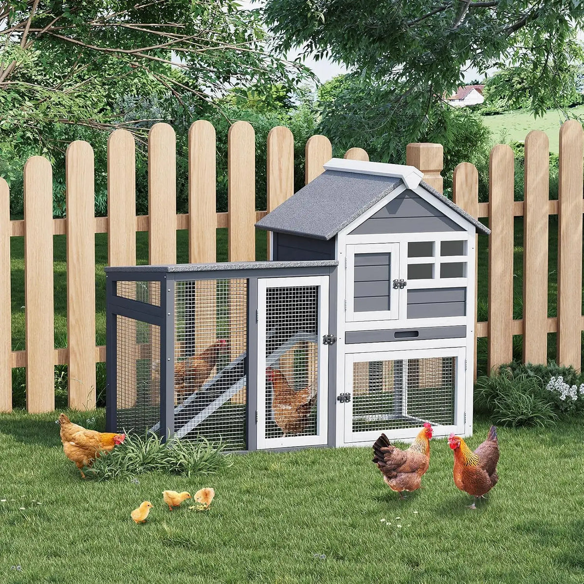Large Rabbit Hutch Outdoor Indoor with Pull Out Tray Wooden Bunny Hutch, Guinea Pig Cage Chicken Coop with Run, Removable Tray, Asphalt Roof, Lockable Doors and Ramp
