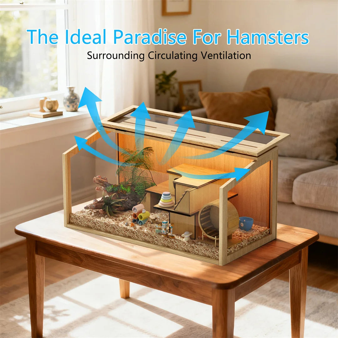 Chew Proof Wooden Hamster Cage With Tempered Glass Panels