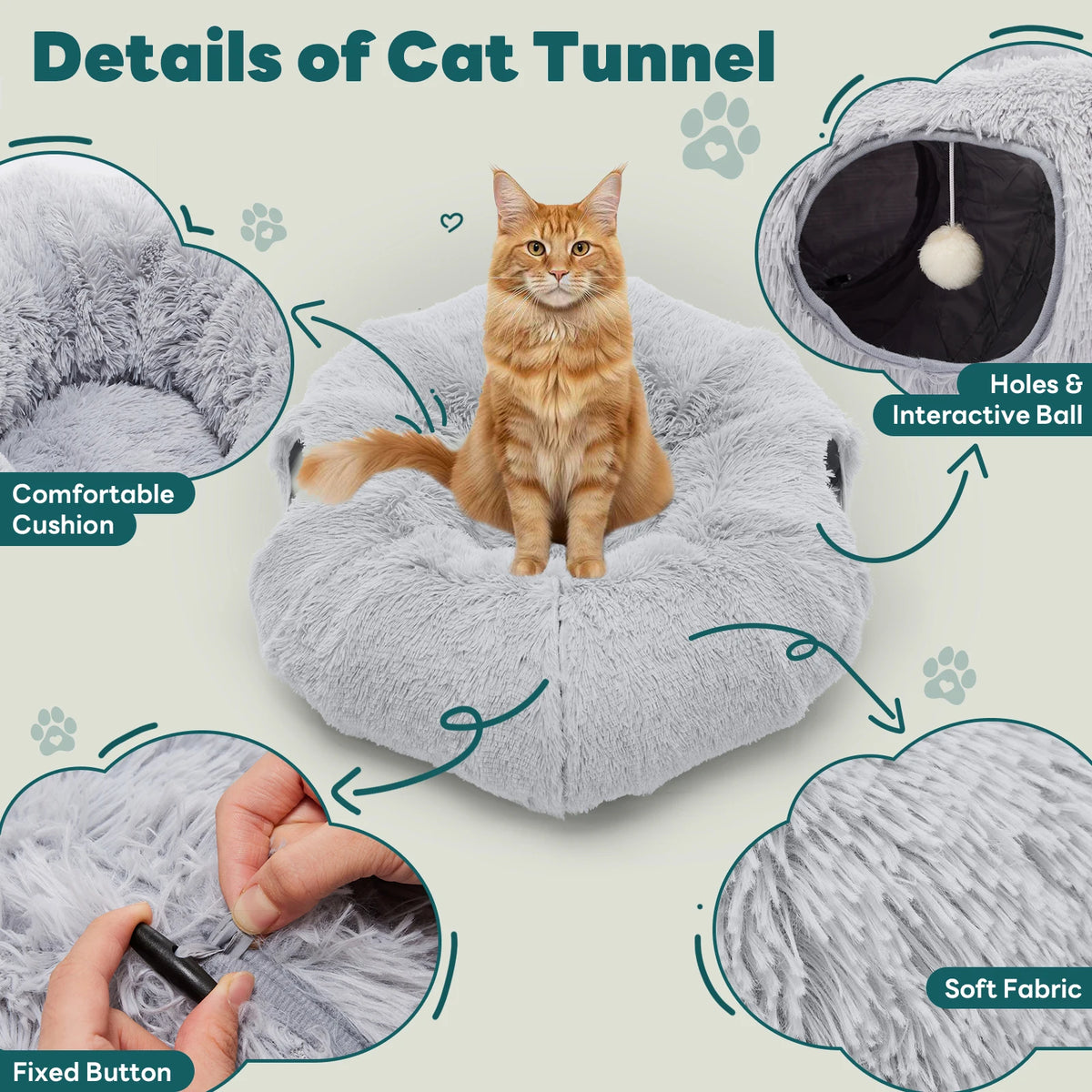 JHK Multifunctional Doughnut Cat Tunnel Bed Plush Washable Playground