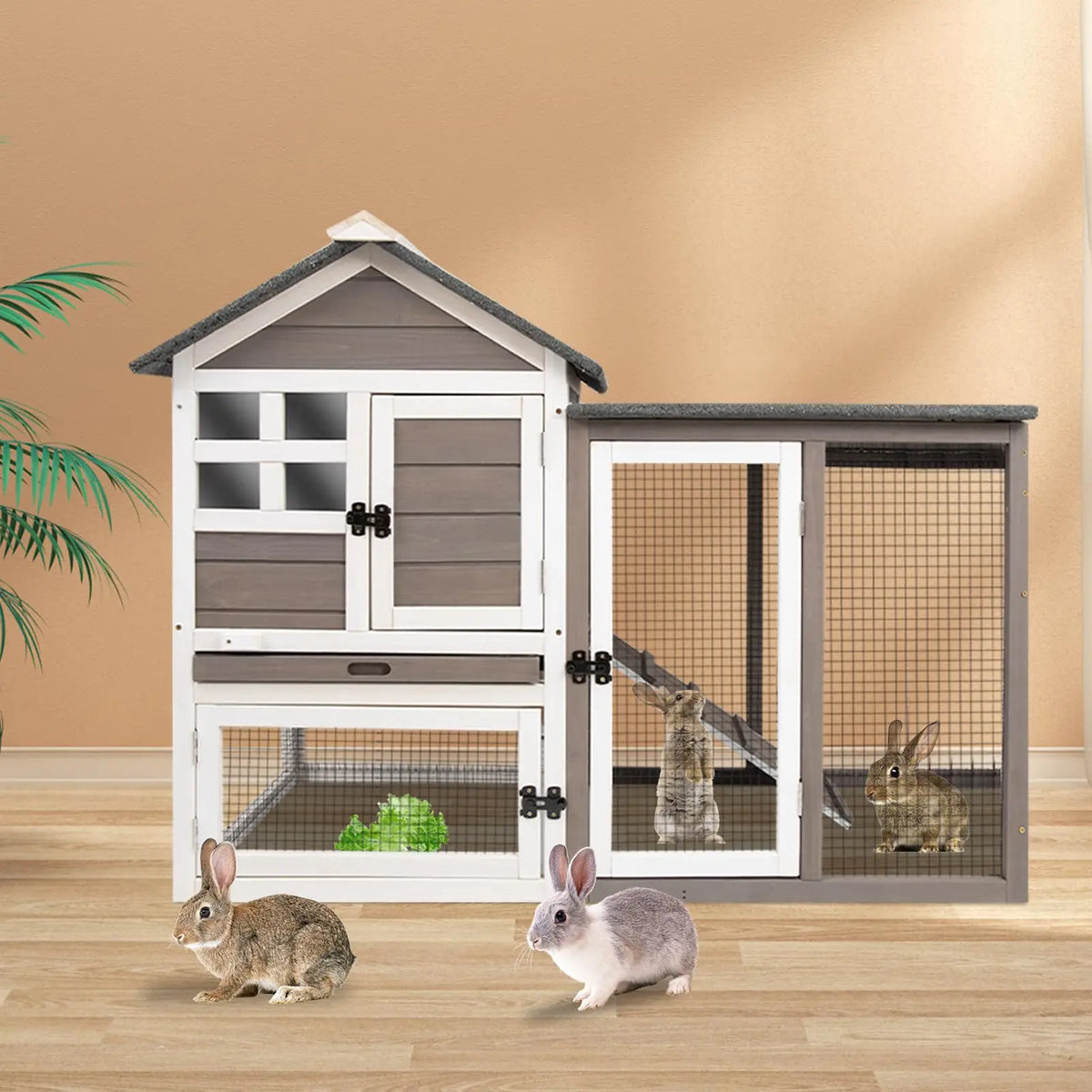 Two Story Wooden Rabbit Hutch With Pull Out Tray Indoors
