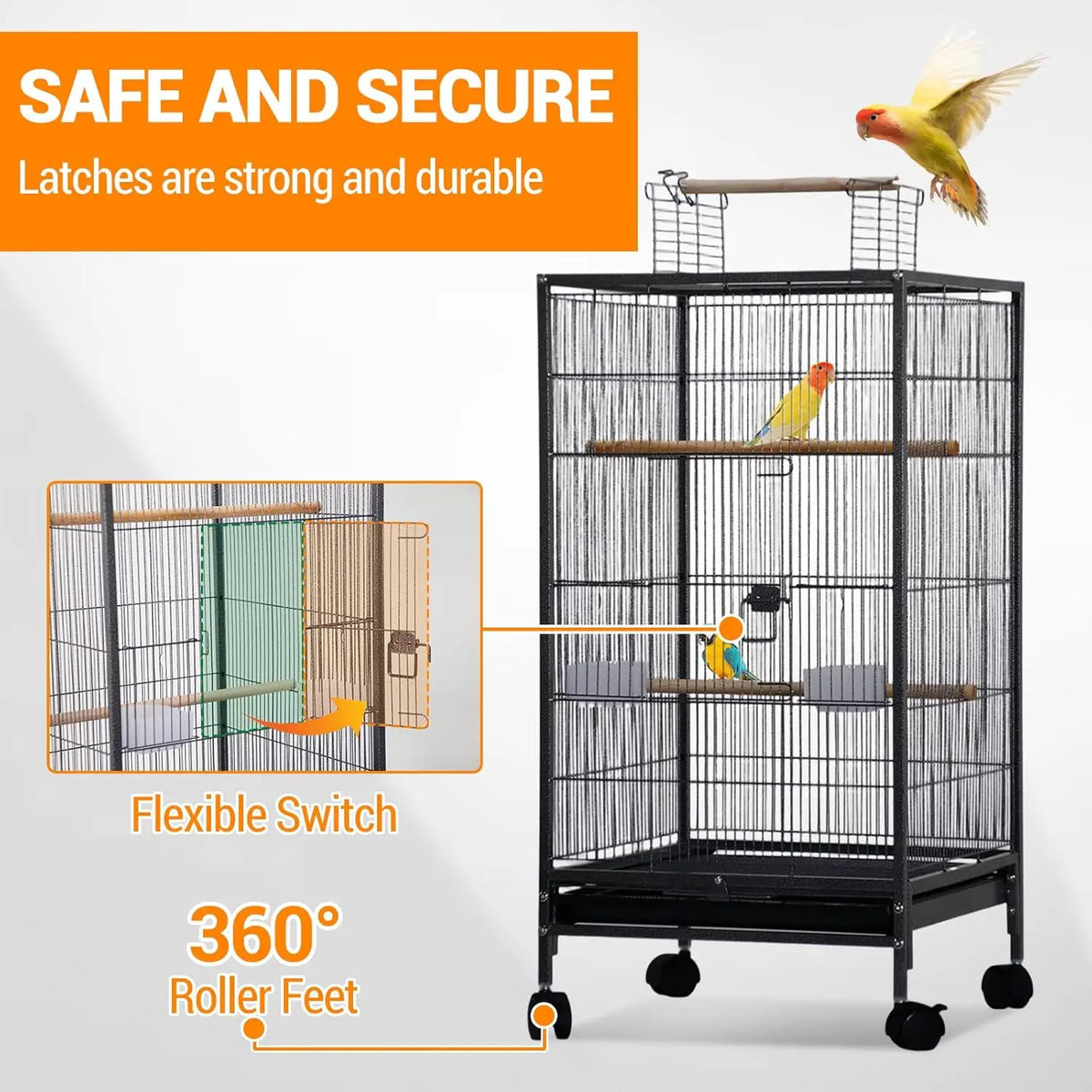 HiMISS Open Top Bird Cage With Rolling Stand And Tray