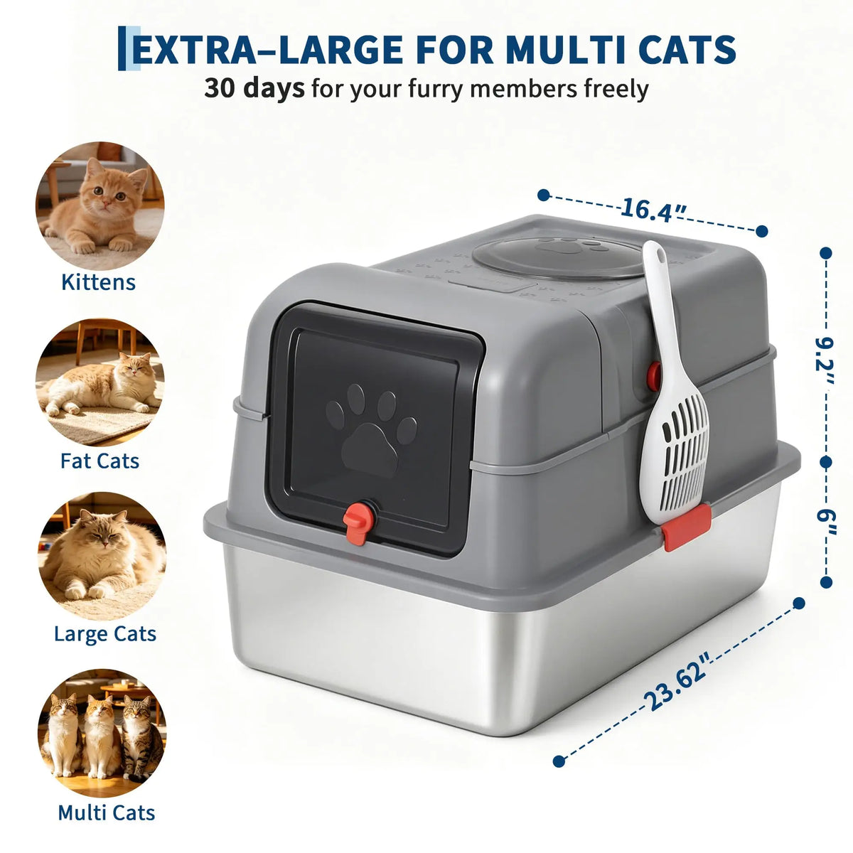 Studyset Enclosed Stainless Steel Litter Box with Lid Includes Scoop