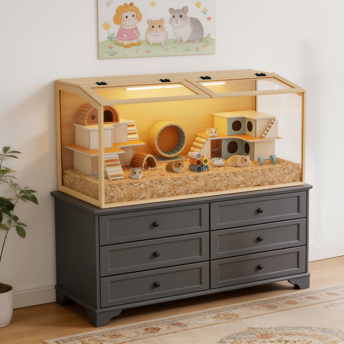 Chew Proof Wooden Hamster Cage With Tempered Glass Panels