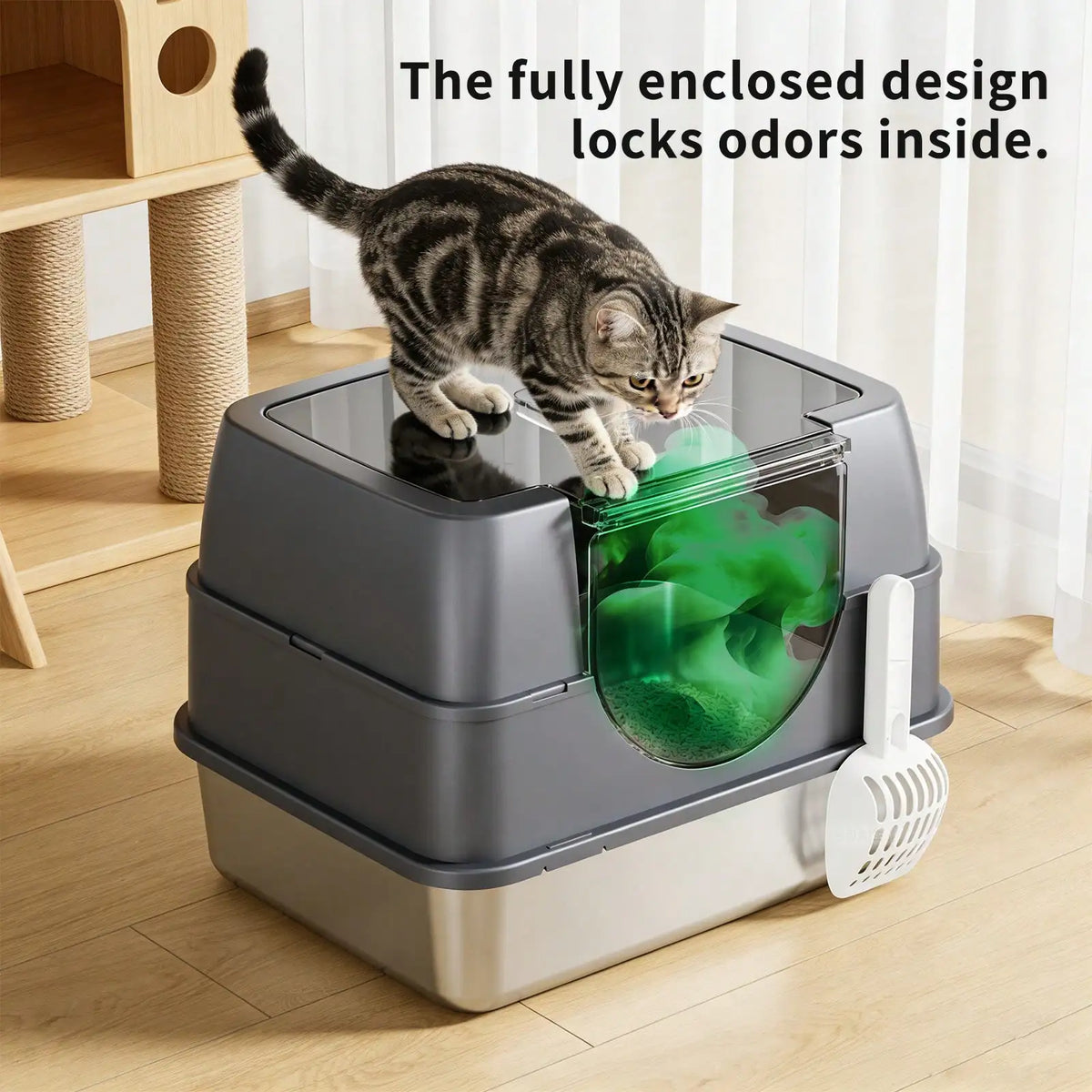 Extra Large Stainless Steel Litter Box With Lid, High Sided Enclosed Metal Cat Litter Pan, Dog Proof Front Entry Top Exit, Odor Control Easy Clean Leak Proof, Includes Mat, Scoop & Step