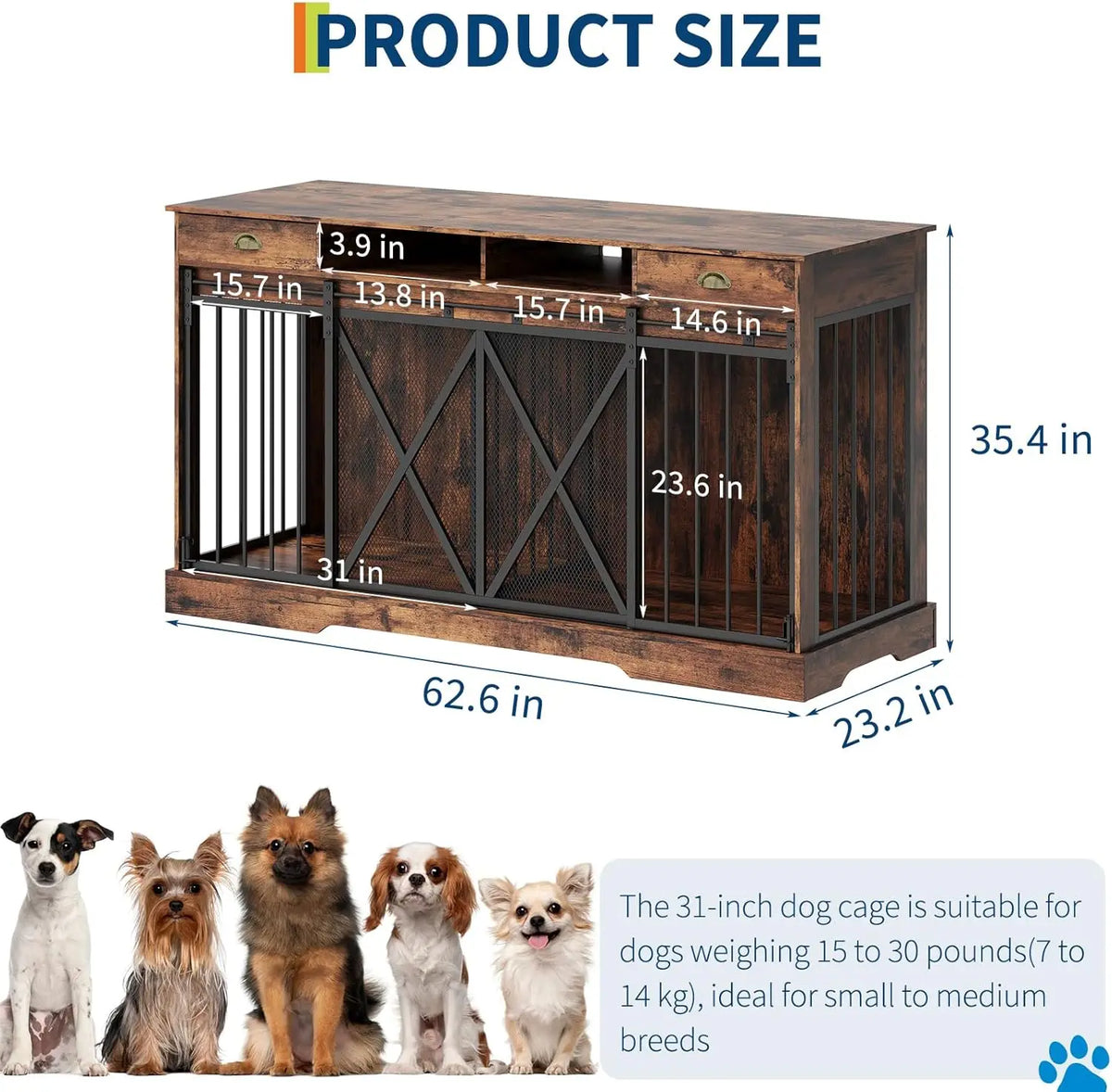 Decorative Double Dog Crate With Divider And Storage Drawers