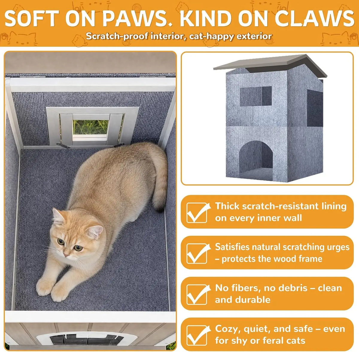 Weatherproof Wooden Outdoor Cat House for Feral Cats with Insulated Lining, Multiple Cat Shelter with Open Roof, 4 Escape Doors and Balcony Feeding Station