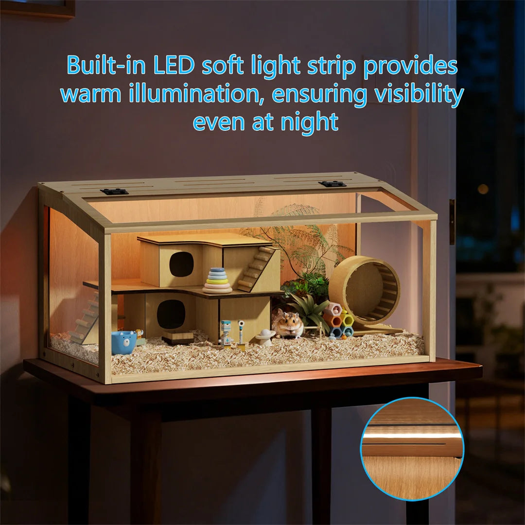 Chew Proof Wooden Hamster Cage With Tempered Glass Panels