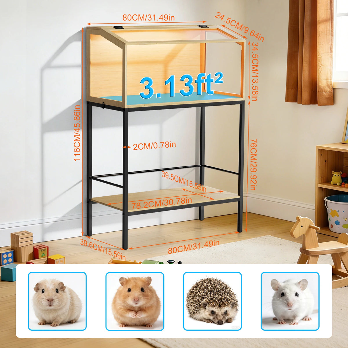 Bingopaw Wooden Hamster Cage With Tempered Glass And Led Light