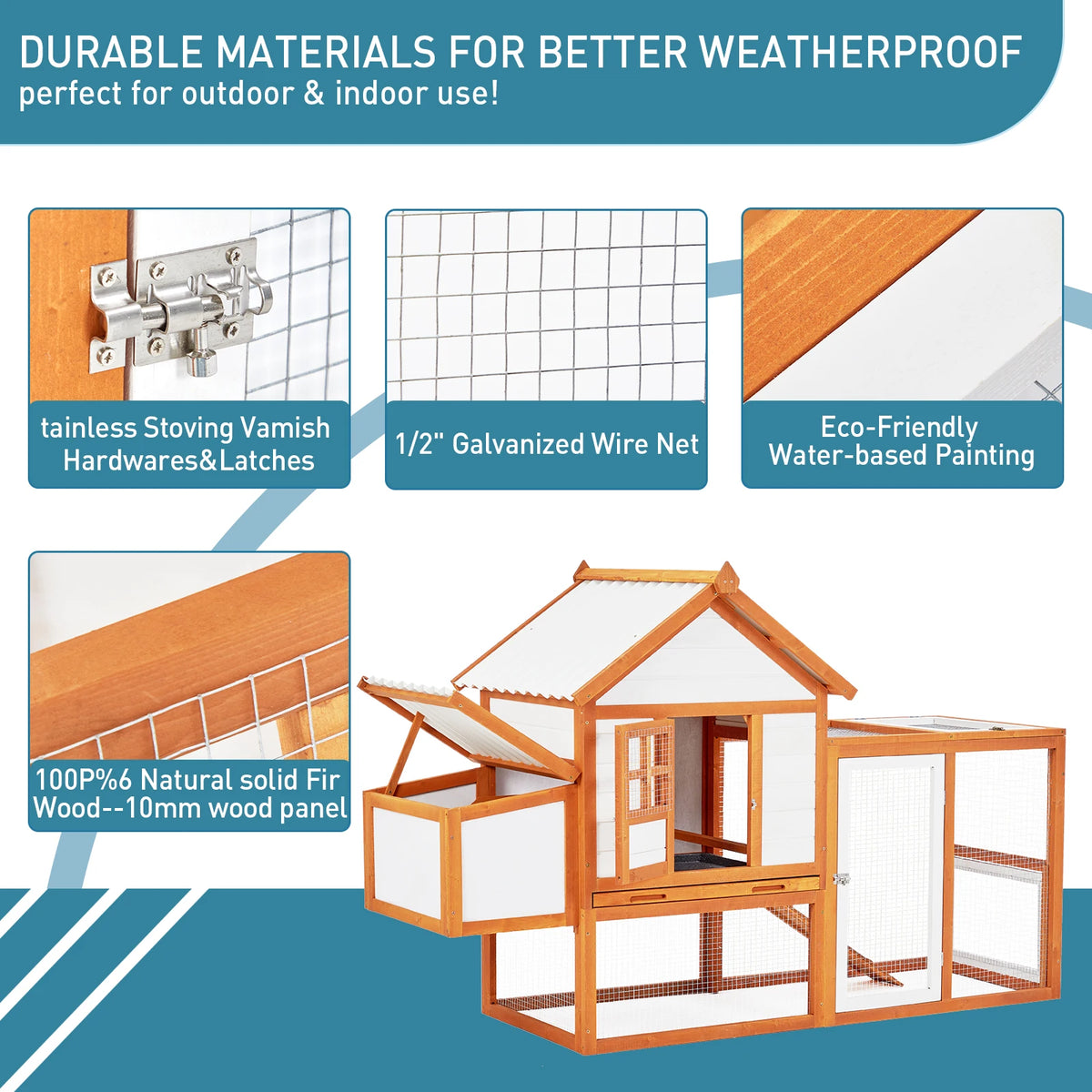 Outdoor Chicken Coop Wooden Hen House with Run, Poultry Cage w/Ramps, Nesting Box, 4 Access Areas, Wire Fence, Removable Bottom for Easy Cleaning