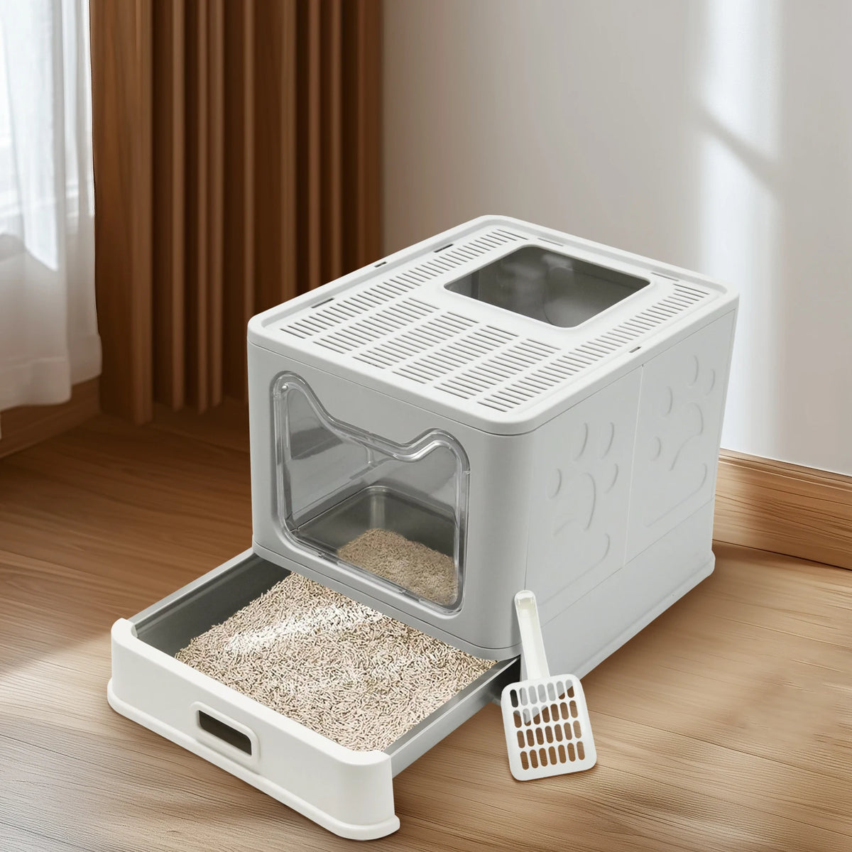 Covered Stainless Steel Cat Litter Box With Scoop Included