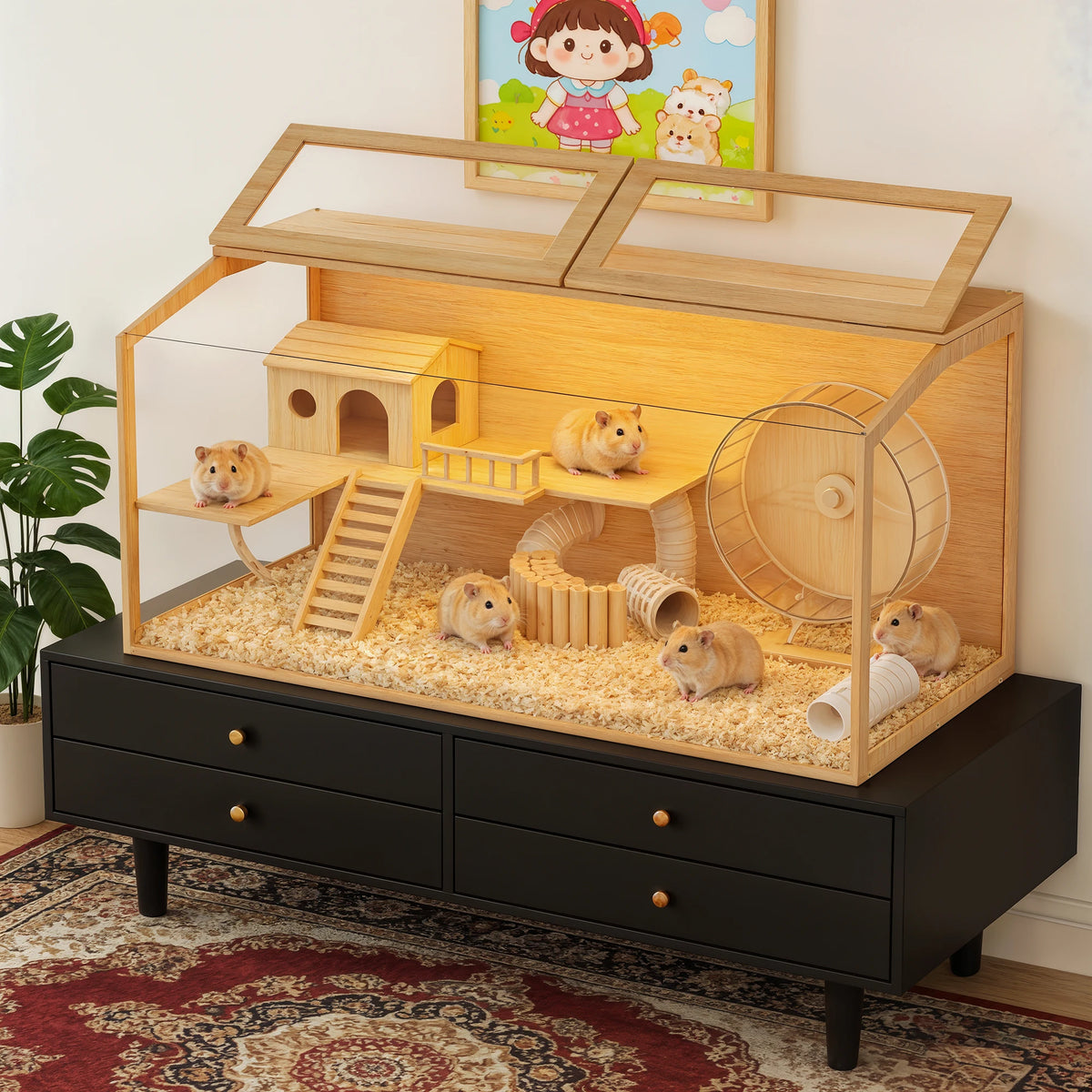 Bingopaw Wooden Hamster Cage With Tempered Glass And Led Light