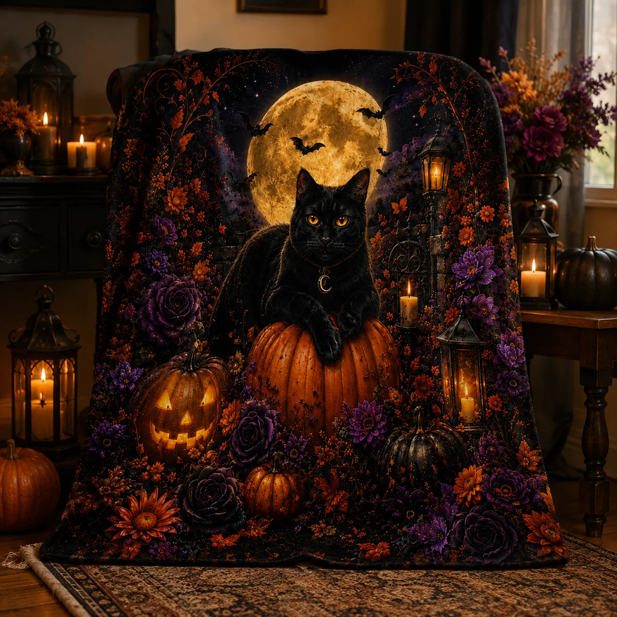 Cat Halloween Fleece Throw Blanket with Gothic Floral Pumpkins Print